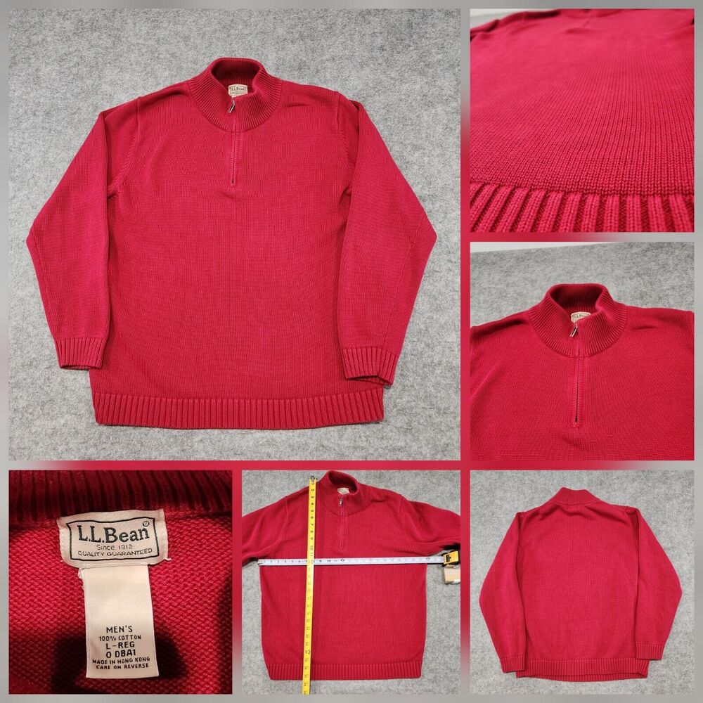 LL Bean‎ Mens L Large 100% Cotton Knit Red Pullover 1/4 Zip Heavyweight Sweater